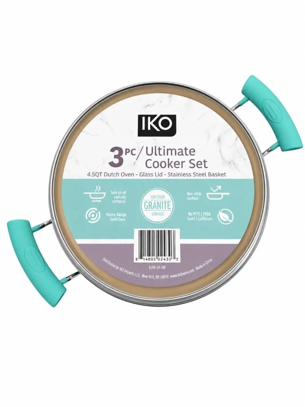 IKO 3 Pc Ultimate Cooker Set 4.5 Qt Dutch Oven Glass Lid Basket New